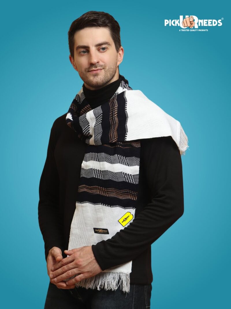 Soft Warm Wool Blend Scarf Premium Knitted Winter Muffler for Men with Stylish Geometric Pattern Trendy Casual & Formal Winter Wear Mufflers (White) - Image 4