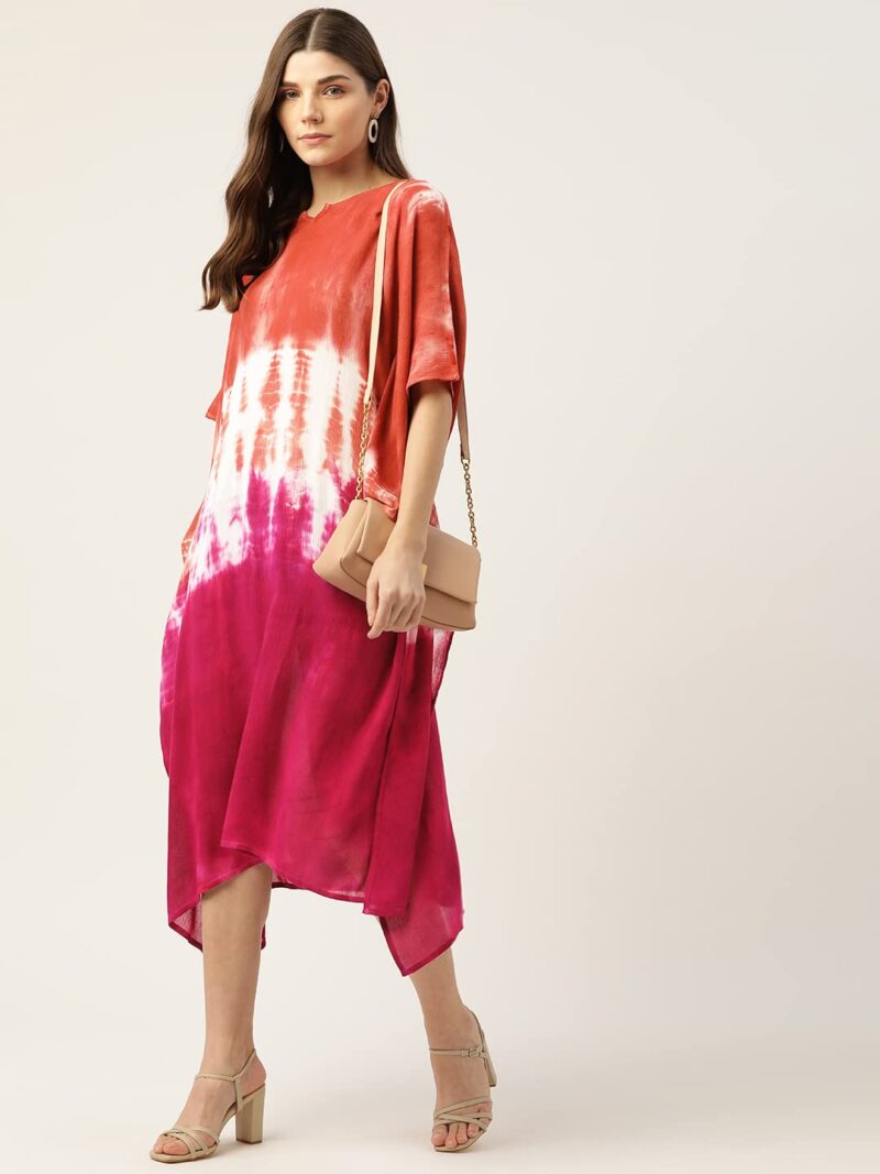 Maaesa Women Handcrafted Tie & Dye Rayon Kaftan Dress | Casual Wear | Flowy Kaftan Style | Lightweight & Breathable Fabric Wine Brown - Image 5