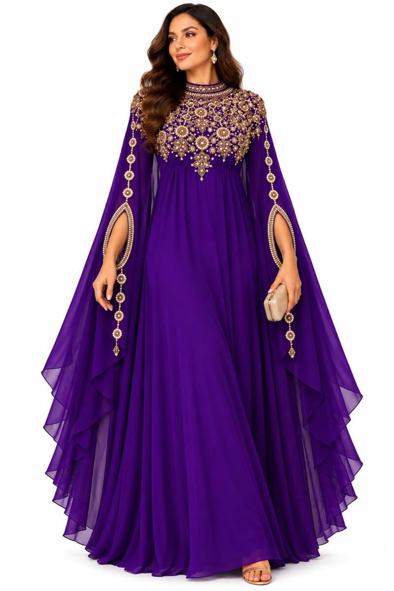 Royal Blue Silk Kaftan Dress for Women Formal – Arabic Moroccan Dubai Wedding Gown, Muslim Evening Wear, Purple, Large - Image 6
