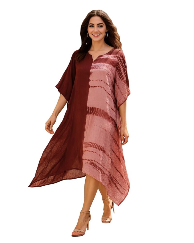 Maaesa Women Maroon Handcrafted Tie-Dye Rayon Loose Fit Kaftan Dress | V-Neck | Color Block Kaftan Style | Lightweight & Breathable Fabric | Casual Wear