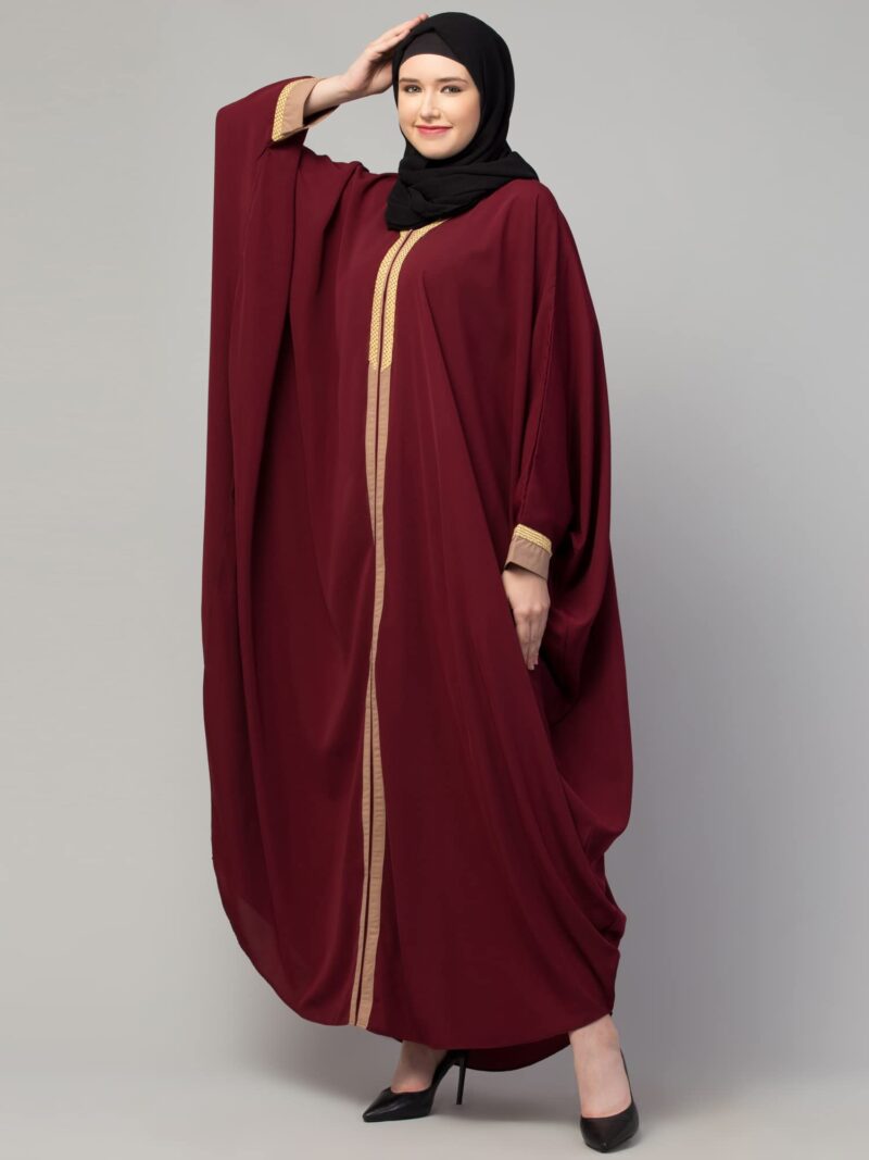 Muslim Closet Free Size Elegant Kaftan Abaya with Striped Design - Irani Kaftan Burqa for Women and Girls (Maroon) - Image 3