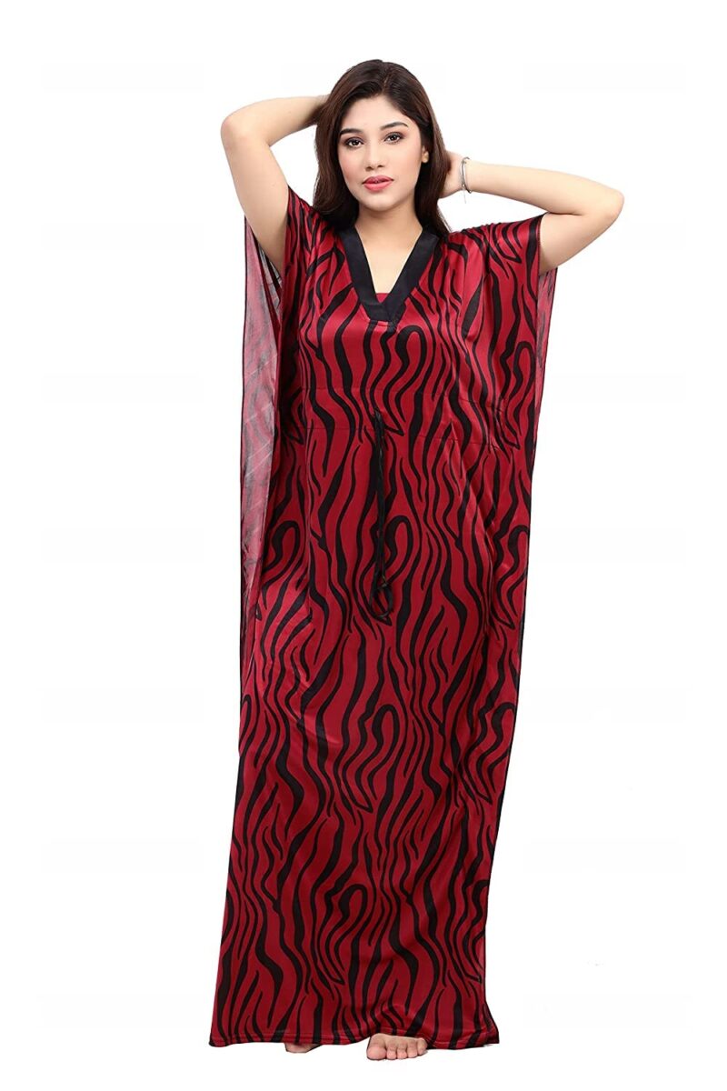 G4Girl Women's Satin Silk Geometric Print Maxi Kaftan Nighty Gown (Free Size, Maroon) - Image 3