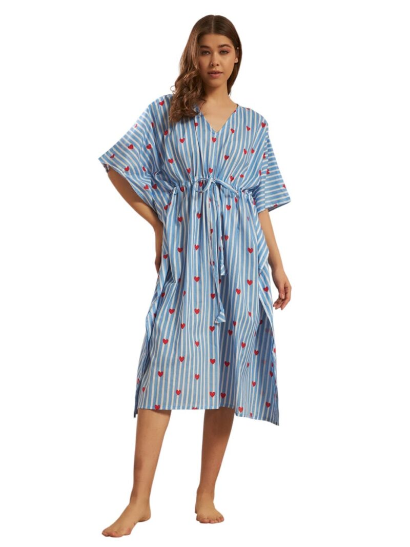 Ravaiyaa - Attitude is everything Women Blue White Striped & Heart Printed Cotton V-Neck Knee Length Kaftan Dress Nighty | Vacation Wear | Beach Wear
