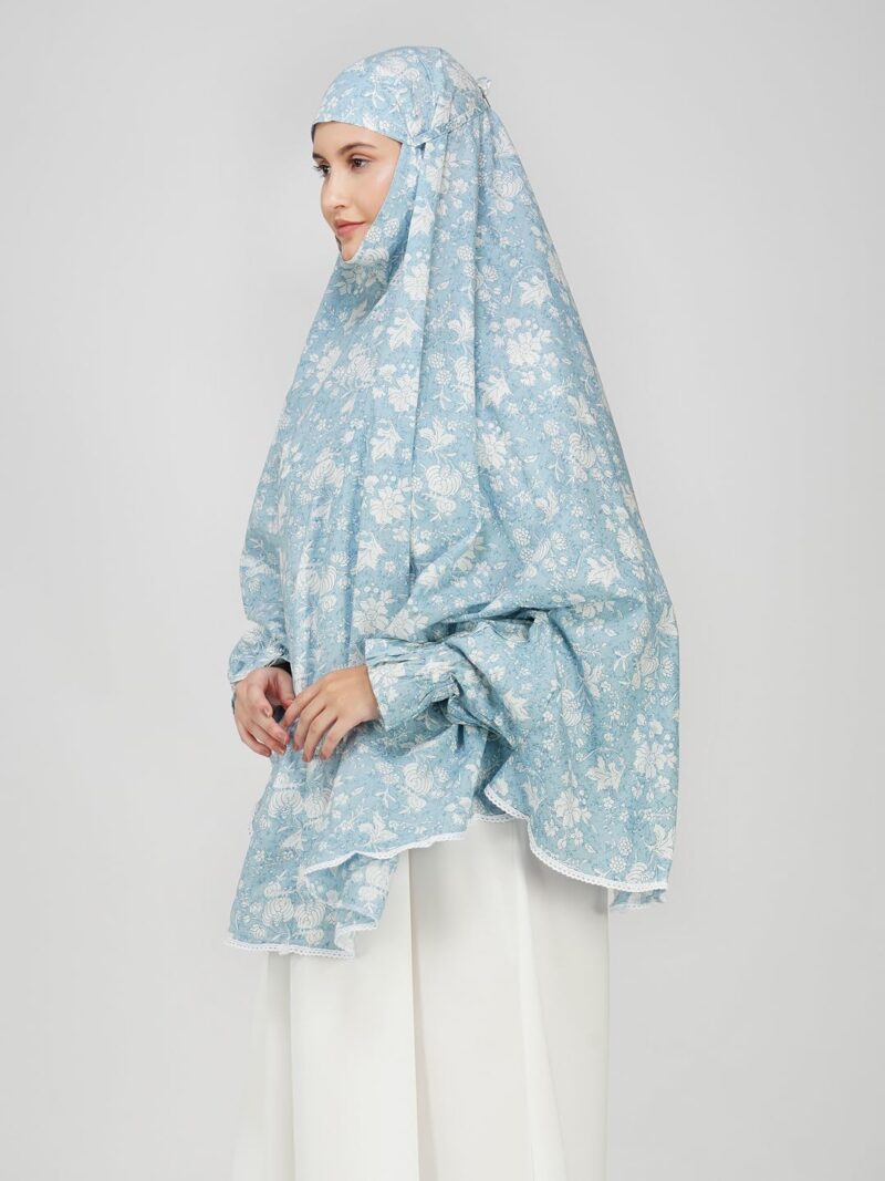 ANAApparels ANA Maham Blue Floral Prayer Dress – Pure Cotton Namaz Makhna with Tie Knot, 40″ Front × 44″ Back | Attached Sleeves | Lightweight, Breathable for Hajj, Umrah & Salah - Image 5