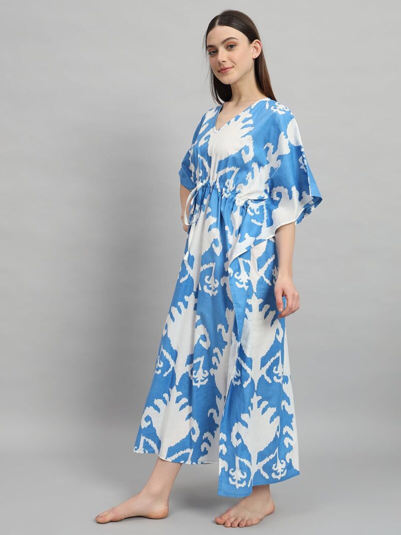 Ravaiyaa - Attitude is everything Women's 100% Cotton Printed Kimono Sleeves V-Neck with Adjustable Drawstring Long Kaftan (White Turquoise) - Image 4