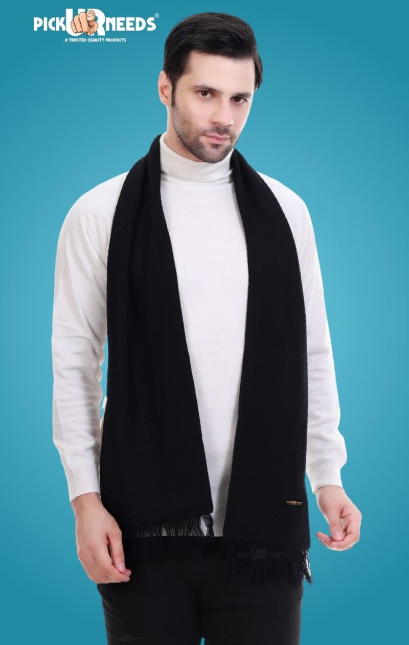Premium Men's Warm And Stylish Woolen Muffler With Solid Color Plain Design And Stylish Tussles Ends Muffler For Men (Black) - Image 5