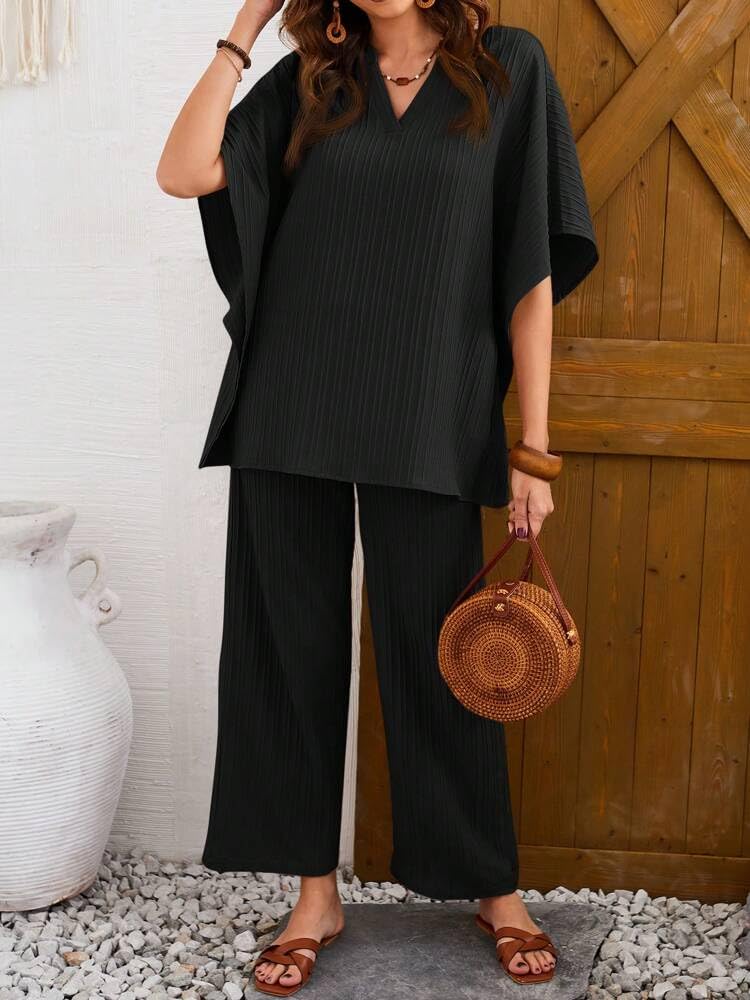 TADKEE Women's Solid Color V-Neck Kaftan Sleeve Casual Wear Co ord Set | Kurta Set for Women (FN-Sugar-Cord-121-Black-XL) - Image 2