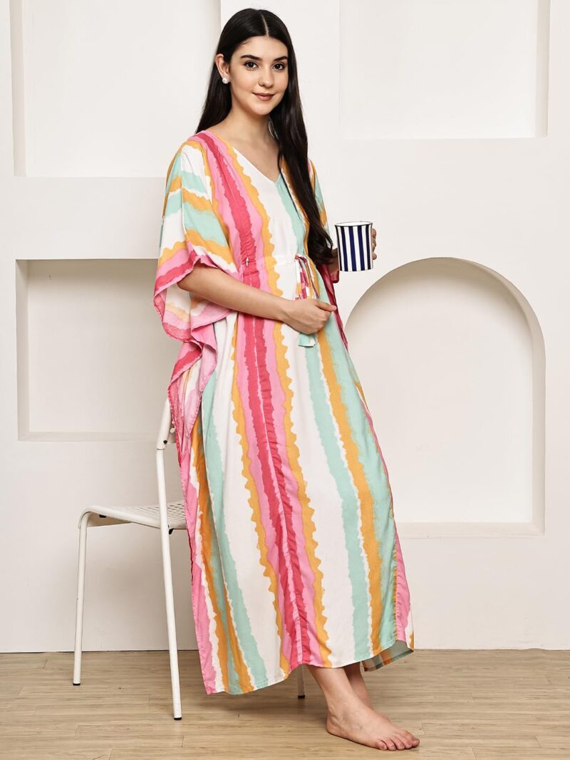 Secret Wish Multi-Coloured Striped Rayon Maternity Kaftan/Maxi Nighty/Free Size/Feeding/Nursing/Zipper/Drawstring - Image 7