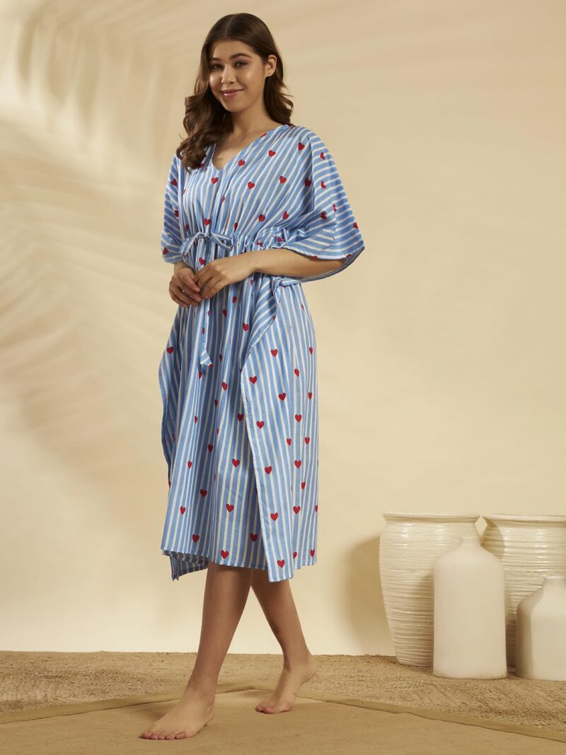 Ravaiyaa - Attitude is everything Women Blue White Striped & Heart Printed Cotton V-Neck Knee Length Kaftan Dress Nighty | Vacation Wear | Beach Wear - Image 3