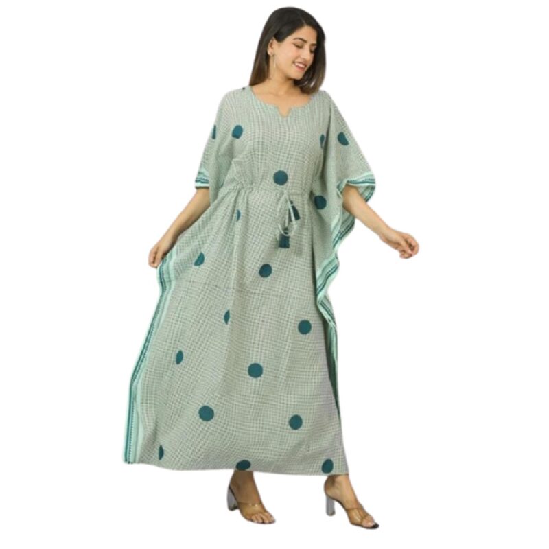 Navyas Fashion Bagru Polka Dot Printed Cotton Kaftan Dress, Pure Cotton, Full Length, Notched Neckline, Drawstring with Tassels, 2 Side Slits (IN, Alpha, M)