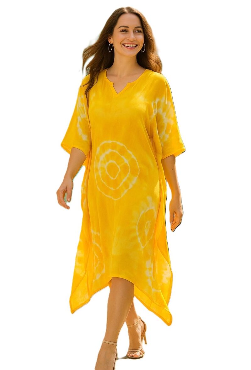 Maaesa Women Yellow Handcrafted Tie-Dye Rayon Loose Fit Kaftan Dress | V-Neck | Flowy Kaftan Style | Lightweight & Breathable Fabric | Casual Wear