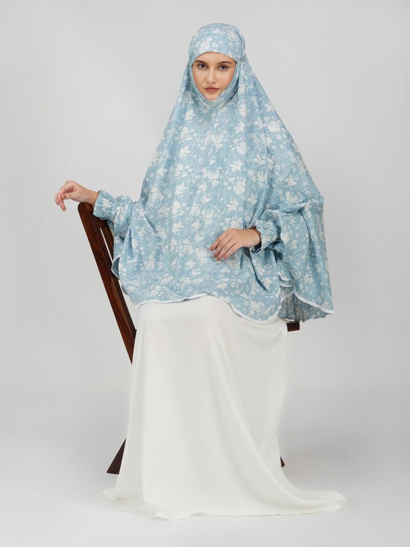 ANAApparels ANA Maham Blue Floral Prayer Dress – Pure Cotton Namaz Makhna with Tie Knot, 40″ Front × 44″ Back | Attached Sleeves | Lightweight, Breathable for Hajj, Umrah & Salah - Image 2