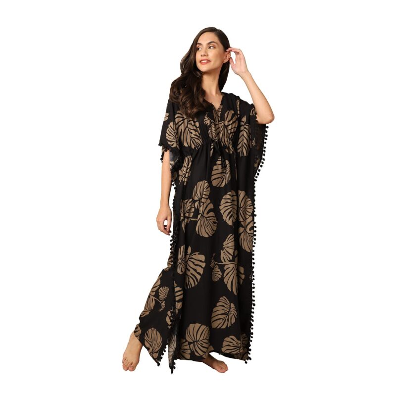 BC Boston Club Black Printed Kaftan Maxi Nighty For Women/Viscose Rayon Kaftan