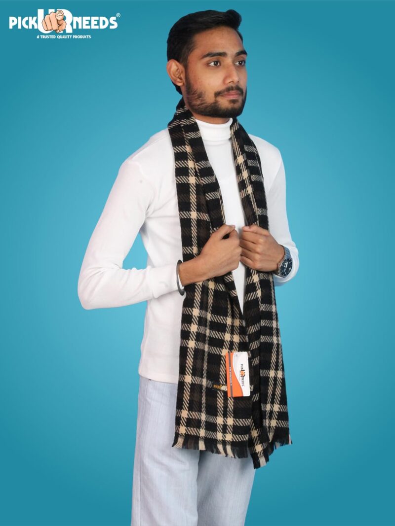 Men’s Checked Winter Muffler Soft Textured Wool-Blend Scarf for Men Classic Check Design for Office, Casual & Travel Wear (Black) - Image 4