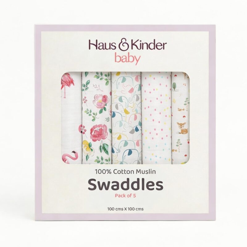 haus & kinder 100% Cotton Muslin Swaddle Wrap for New Born Baby | Pack of 5 (100×100 cm) | Baby Blanket & Swaddles for Newborn | Safari Squad Collection - Image 2
