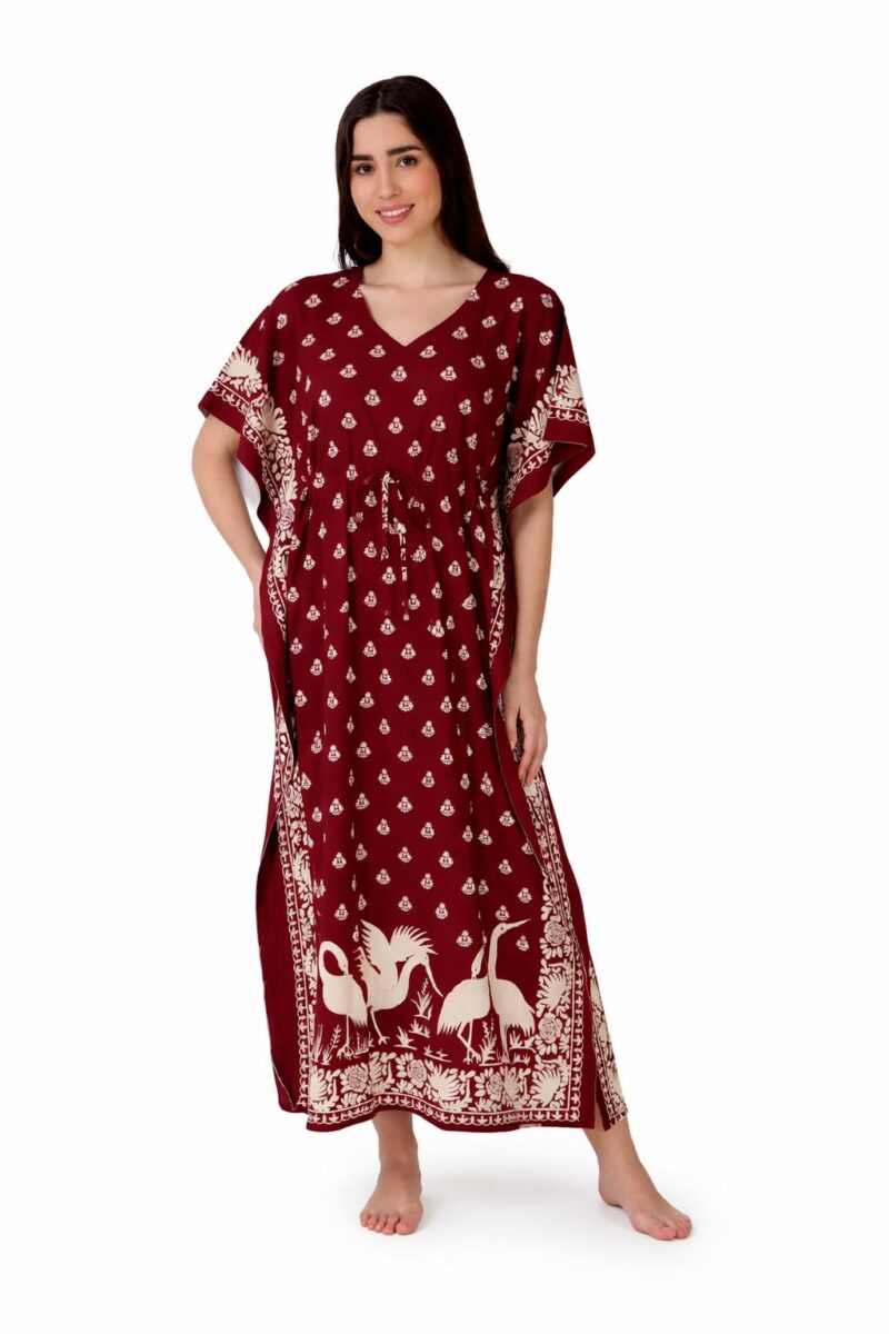 Masha Women's Cotton Printed Saras Kaftan Nighty Maroon