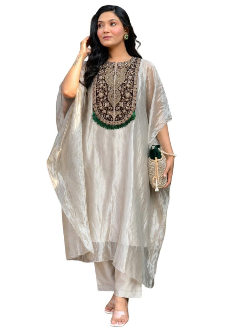 GoSriKi Women's Glass Tissue Embroidered Kaftan Kurta with Palazzo for Women (Chiran Beige-GS_XL_Beige_XL)