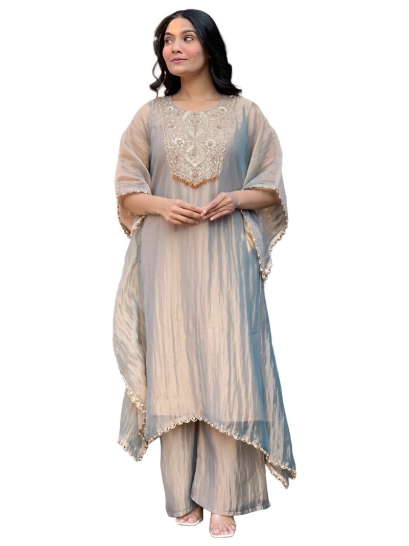 GoSriKi Women's Roman Glass A-Line Embroidery Kurta with Palazzo (Davina Grey-GS_M_Grey_Medium)