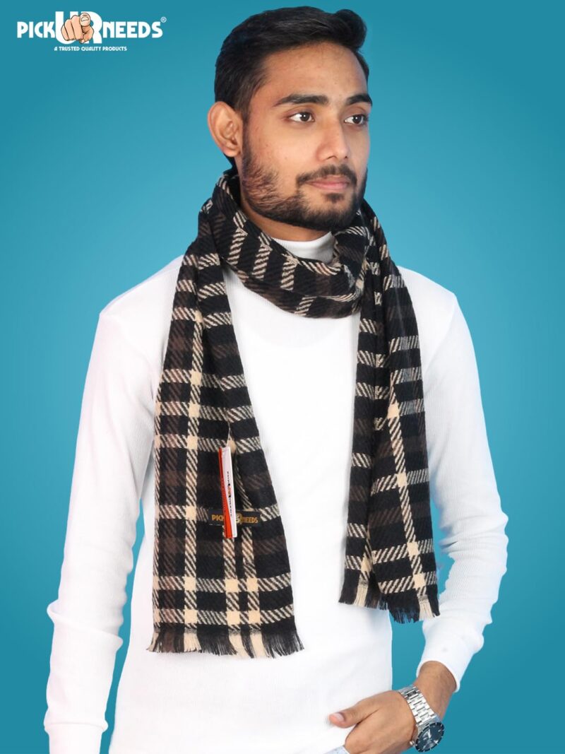 Men’s Checked Winter Muffler Soft Textured Wool-Blend Scarf for Men Classic Check Design for Office, Casual & Travel Wear (Black) - Image 3