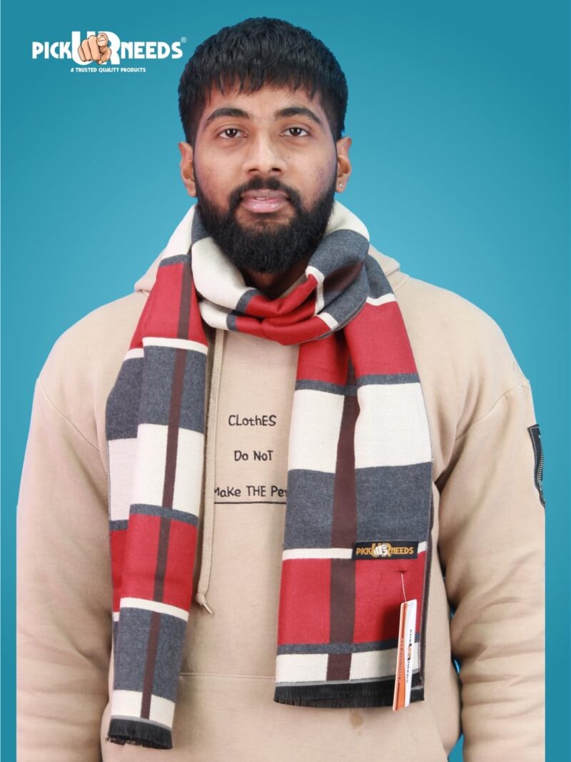 Wool Blend Muffler for Men Soft Winter Scarf with Elegant Checks All-Day Comfort (RED BEIGE) - Image 4