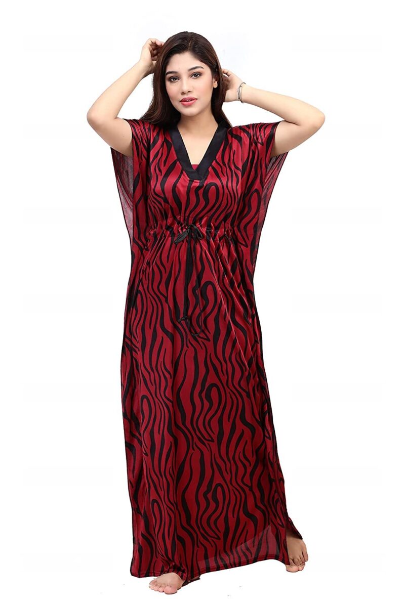 G4Girl Women's Satin Silk Geometric Print Maxi Kaftan Nighty Gown (Free Size, Maroon)