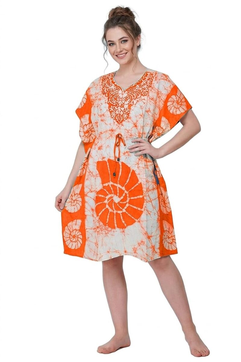 Onekbhalo Printed Cotton Short Kaftan Women Beach Wear Kimiono Gown Dress (in, Alpha, 3XL, Plus, Orange) - Image 3
