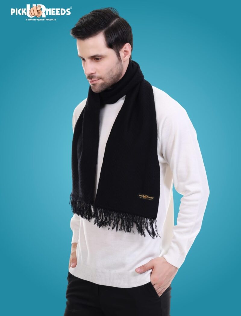 Premium Men's Warm And Stylish Woolen Muffler With Solid Color Plain Design And Stylish Tussles Ends Muffler For Men (Black) - Image 4