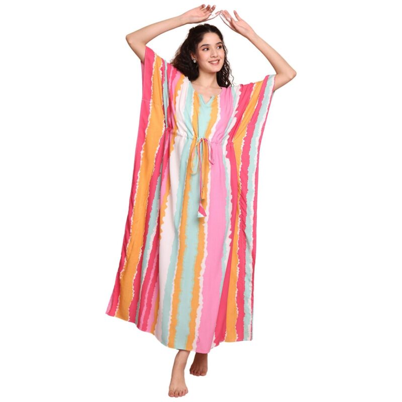 Secret Wish Multi Striped Rayon Kaftan/Free Size/Printed/Drawstring/Nightdress/Nightwear/Full Length