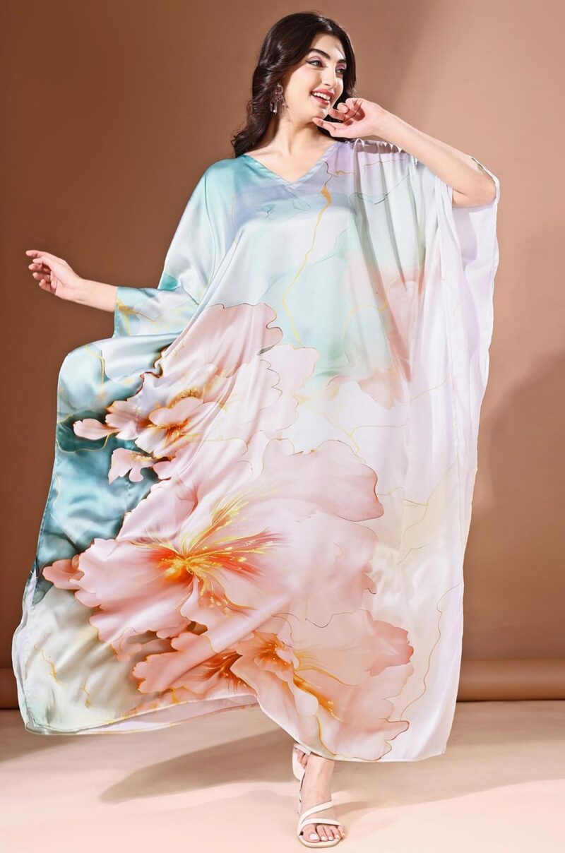 Label Aarna Premium Soft Satin Kaftan Dress for Women / Digital Print / Free Size (M-3XL) / Hidden Adjustable Belt / Full length / Maxi / Resort Wear - Image 2