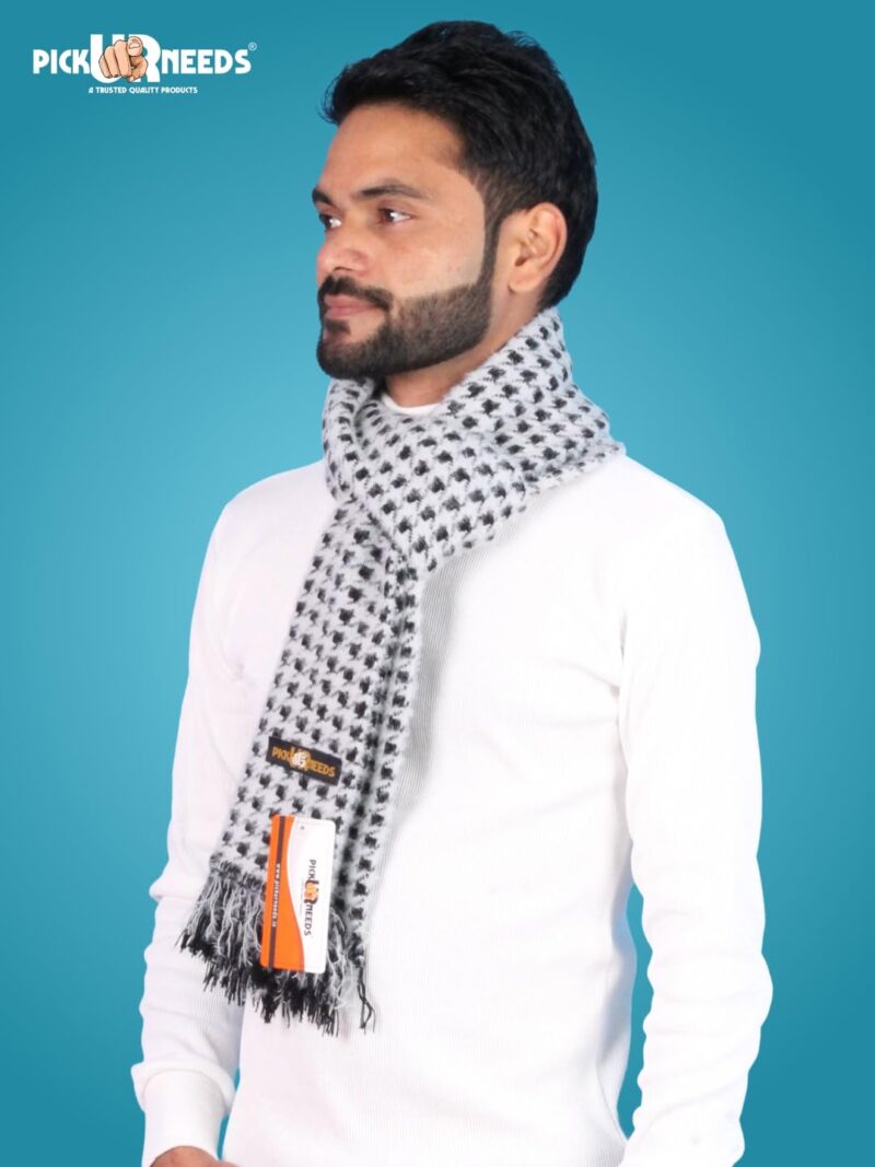 Soft Warm Woolen Premium Winter Muffler for Men Scarf with Stylish Check Pattern Long & Comfortable Cold Weather Neck Wrap (Grey Black) - Image 3
