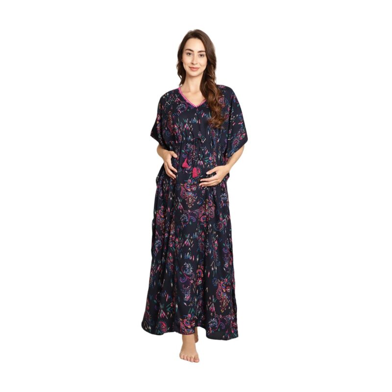 Secret Wish Women Rayon Floral Navy Blue Maxi Maternity Kaftan