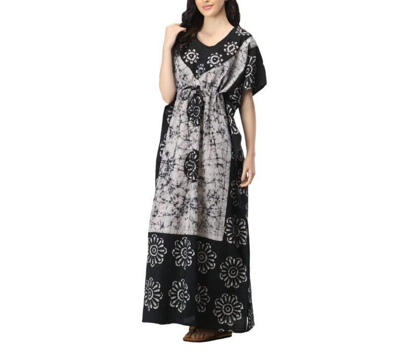 The India's Store Women Batik Kaftan Cotton Night Suit Night Dress Long Caftan Nighty Maxi (White & Black) - Image 4