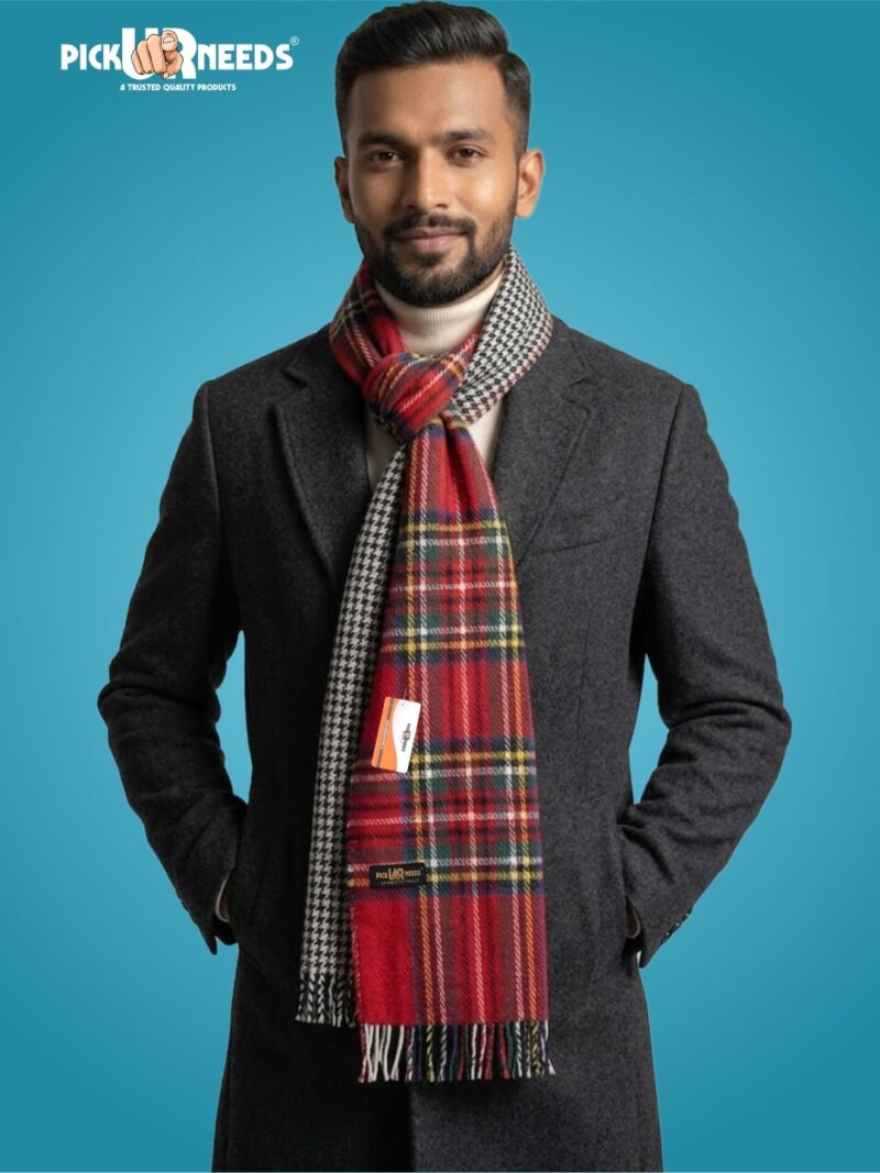 Reversible Winter Muffler for Men | Premium Soft Wool Blend Scarf | Dual-Design Check & Houndstooth Pattern | Warm & Stylish Winter Neck Wrap (Red) - Image 5