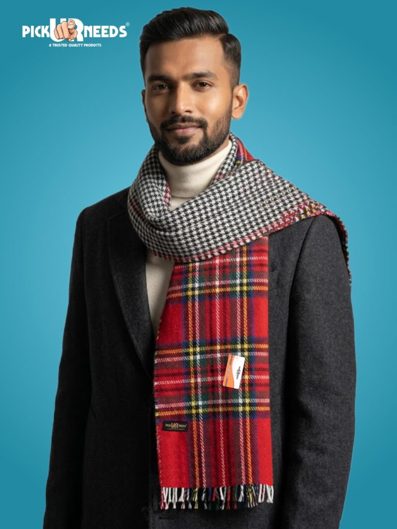 Reversible Winter Muffler for Men | Premium Soft Wool Blend Scarf | Dual-Design Check & Houndstooth Pattern | Warm & Stylish Winter Neck Wrap (Red) - Image 2
