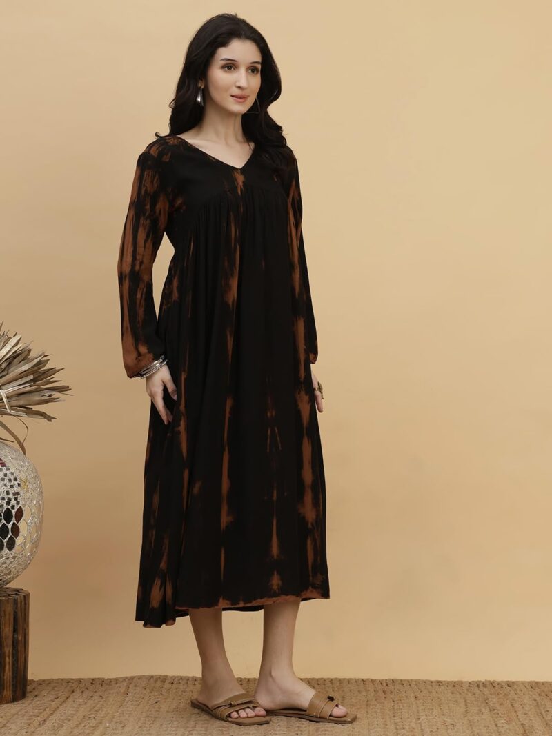 Maaesa Women Black Handcrafted Tie & Dye Rayon Staple V-Neck A-Line Dress | Casual & Office Wear | Lightweight & Breathable Fabric - Image 8