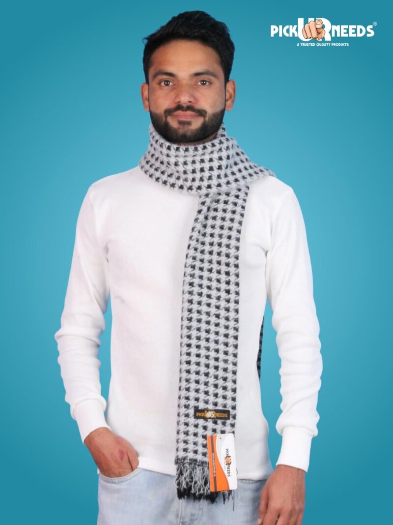 Soft Warm Woolen Premium Winter Muffler for Men Scarf with Stylish Check Pattern Long & Comfortable Cold Weather Neck Wrap (Grey Black) - Image 4