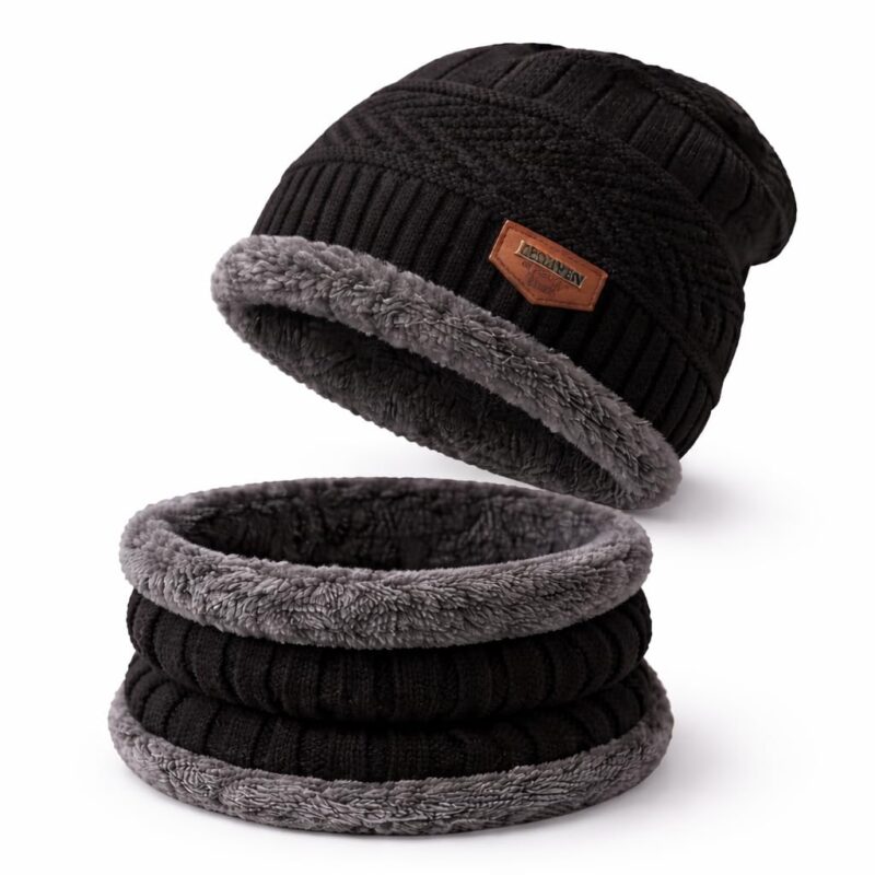 Fitness Mantra® Sports Winters Cap & Muffler for Men & Women| Beanie Cap| 1 Set| (Black)