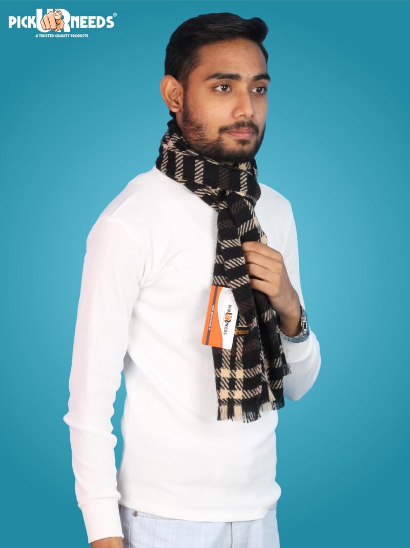 Men’s Checked Winter Muffler Soft Textured Wool-Blend Scarf for Men Classic Check Design for Office, Casual & Travel Wear (Black) - Image 5