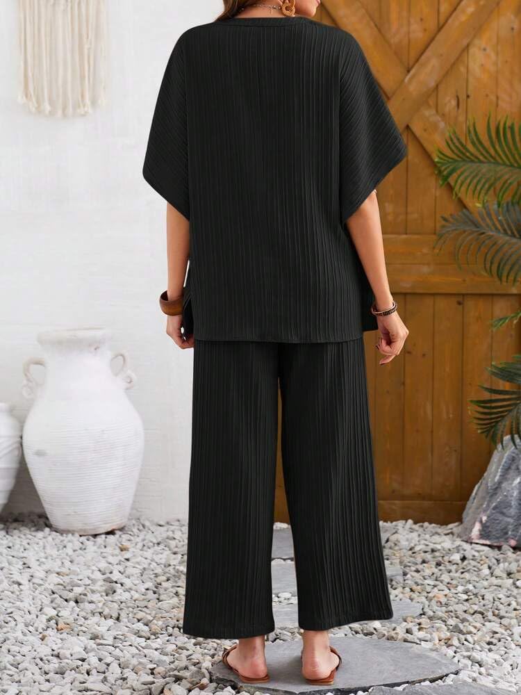 TADKEE Women's Solid Color V-Neck Kaftan Sleeve Casual Wear Co ord Set | Kurta Set for Women (FN-Sugar-Cord-121-Black-XL) - Image 4