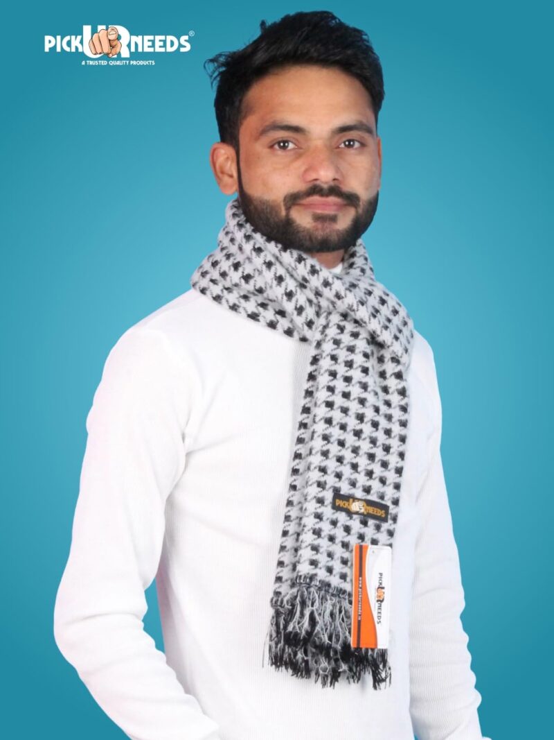 Soft Warm Woolen Premium Winter Muffler for Men Scarf with Stylish Check Pattern Long & Comfortable Cold Weather Neck Wrap (Grey Black) - Image 5