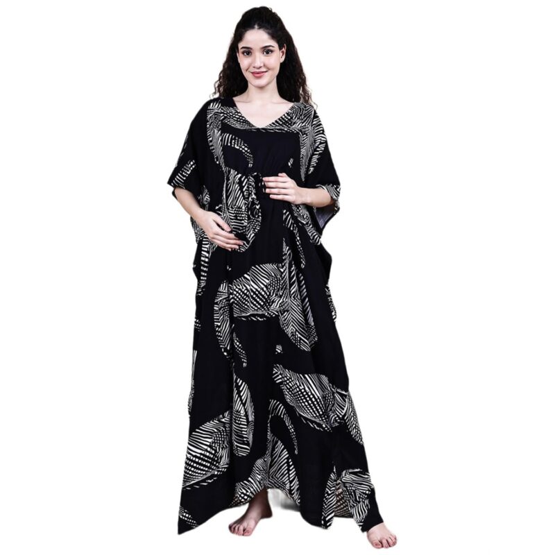 Secret Wish Rayon Maternity Kaftan Nighty/Free Size/Feeding/Nursing/Zipper/Drawstring/Full Length (Black III)