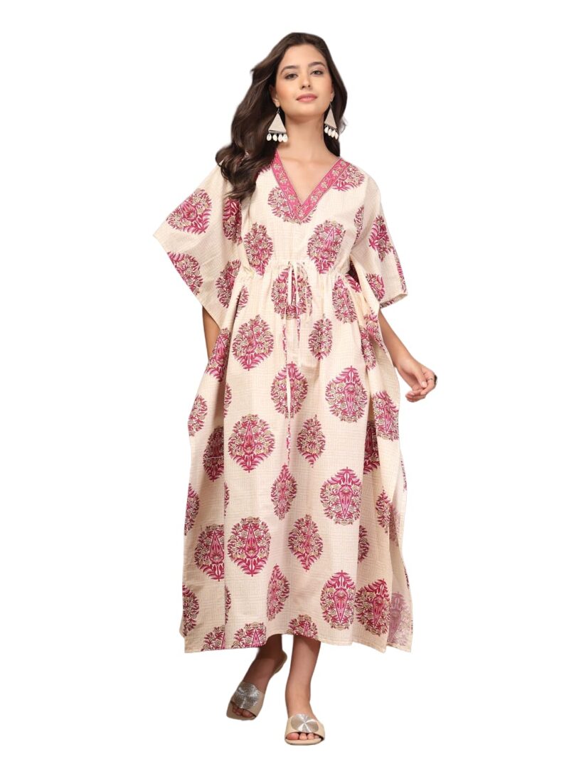 Daevish Cotton Floral Block Print Kaftan for Women, Cream and Pink, V-Neck, Batwing Sleeve, Maxi Length, Drawstring Waist