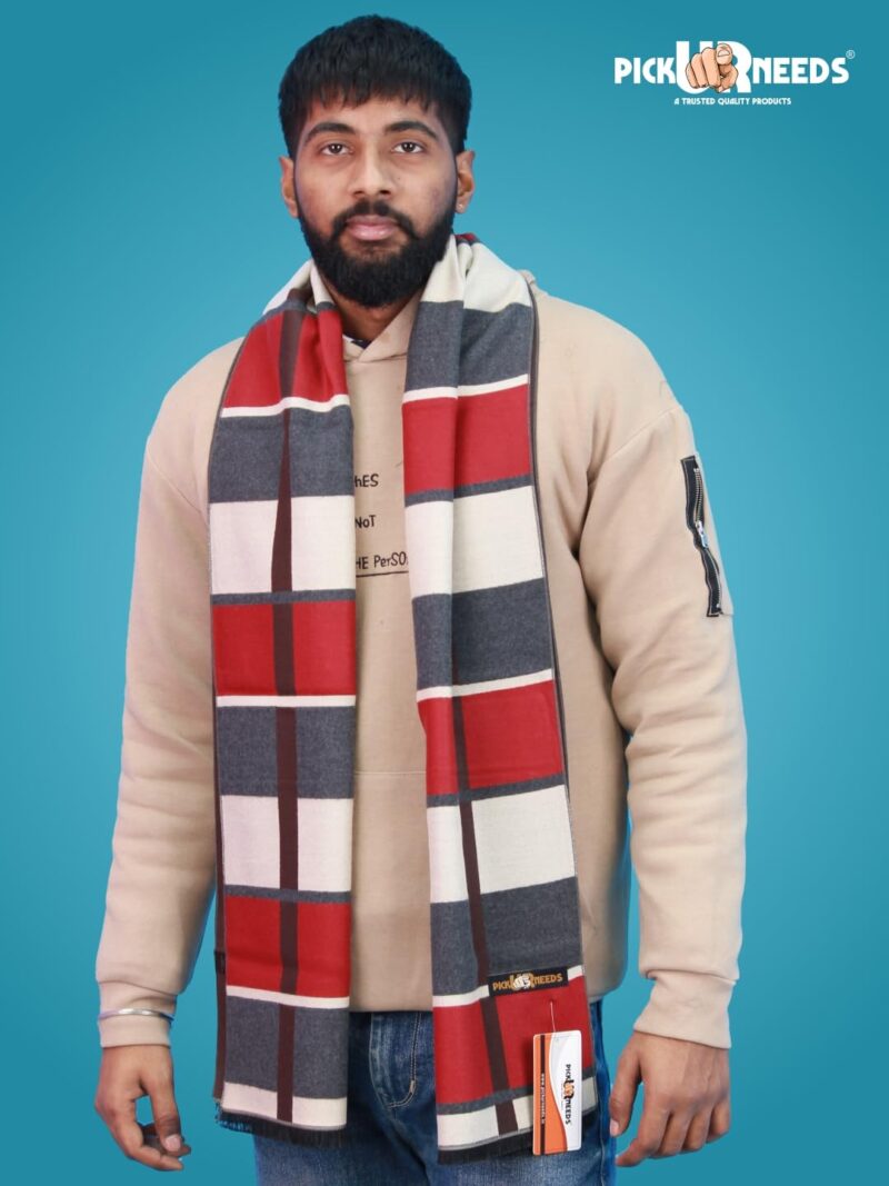 Wool Blend Muffler for Men Soft Winter Scarf with Elegant Checks All-Day Comfort (RED BEIGE) - Image 3