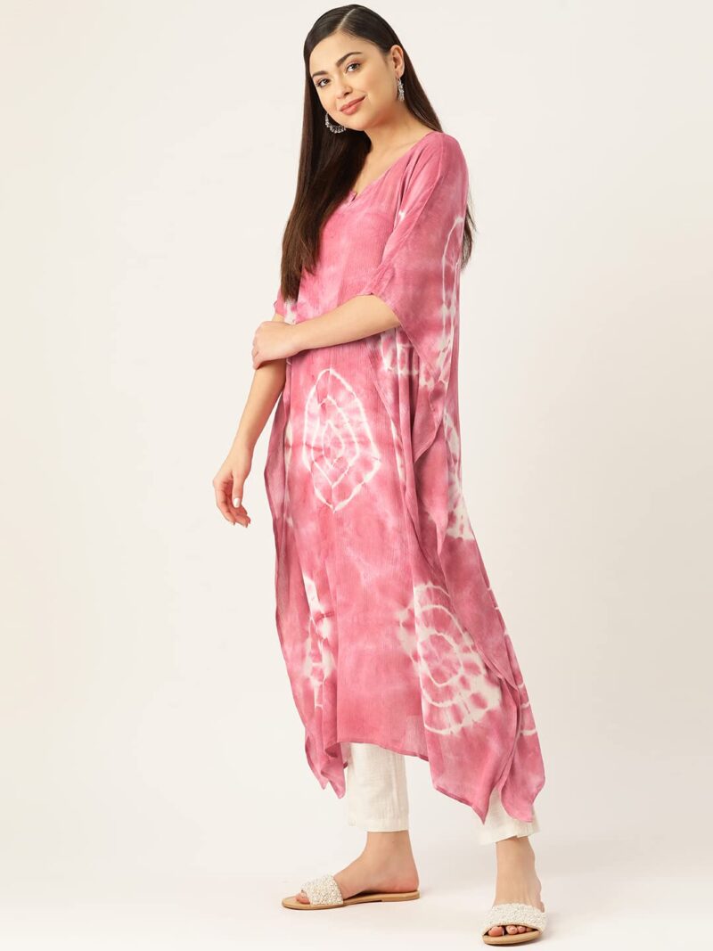 Maaesa Women Tie And Dye Loosefit Crepe Kaftan Relaxed Fit Kurta (Pink-White, Large) - Image 3