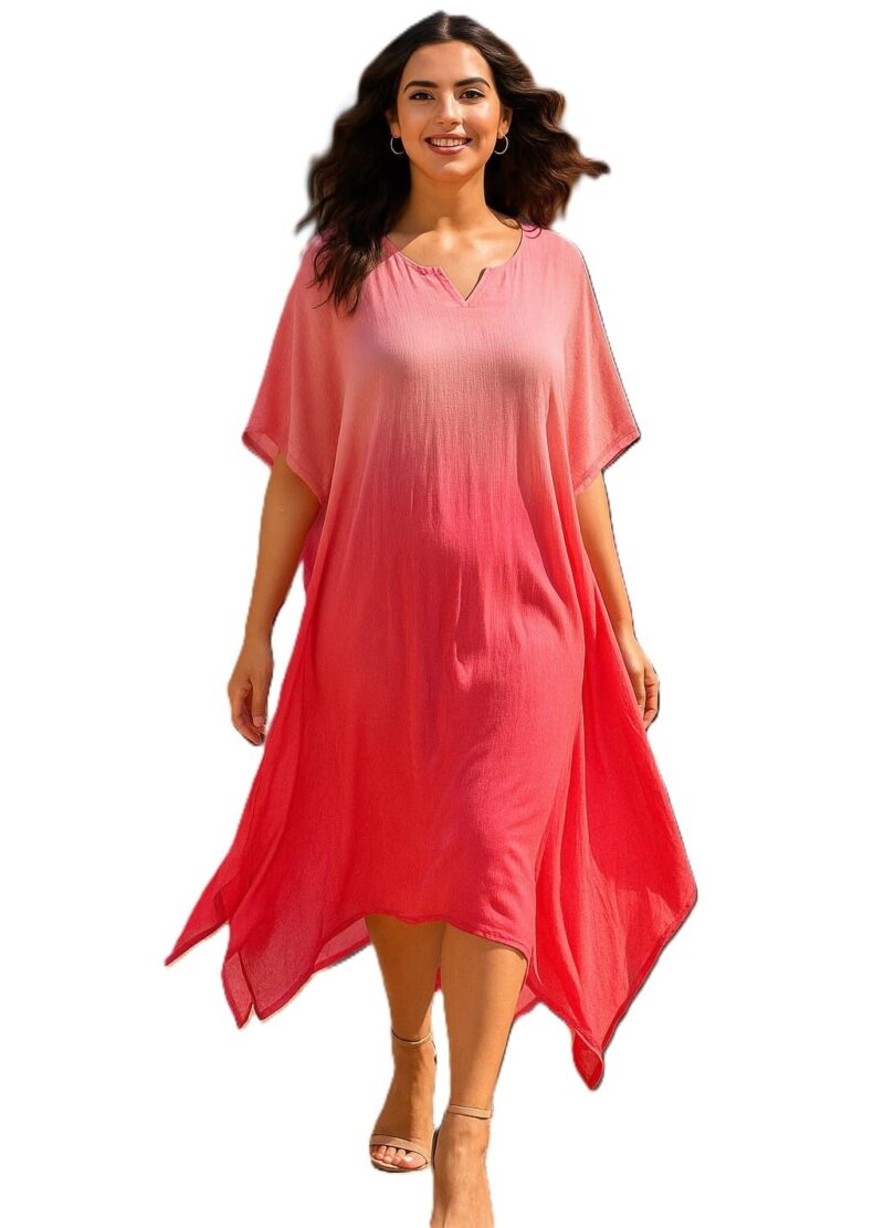 Maaesa Women Pink Handcrafted Tie-Dye Rayon Crepe Kaftan Dress | Casual Wear | Flowy Kaftan Style | Lightweight & Breathable Fabric
