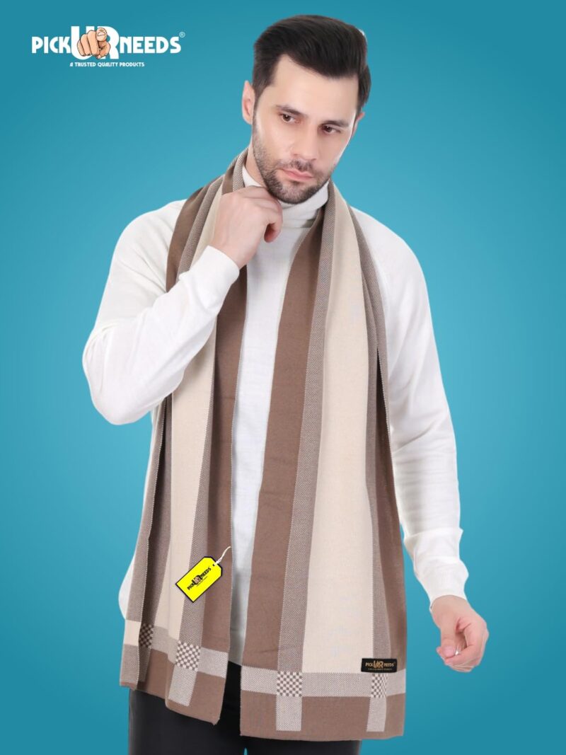 Men’s Premium Winter Wool Muffler – Soft & Warm Knitted Scarf for Casual, Office & Travel Stylish Stripe Design (Cream) - Image 2
