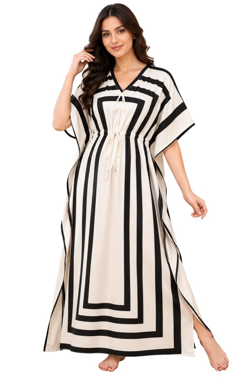 Noty Women's Kaftan Maxi Gown - Satin Serena Fabric - V Neck - Black Stripe Design - Cream - Free Size