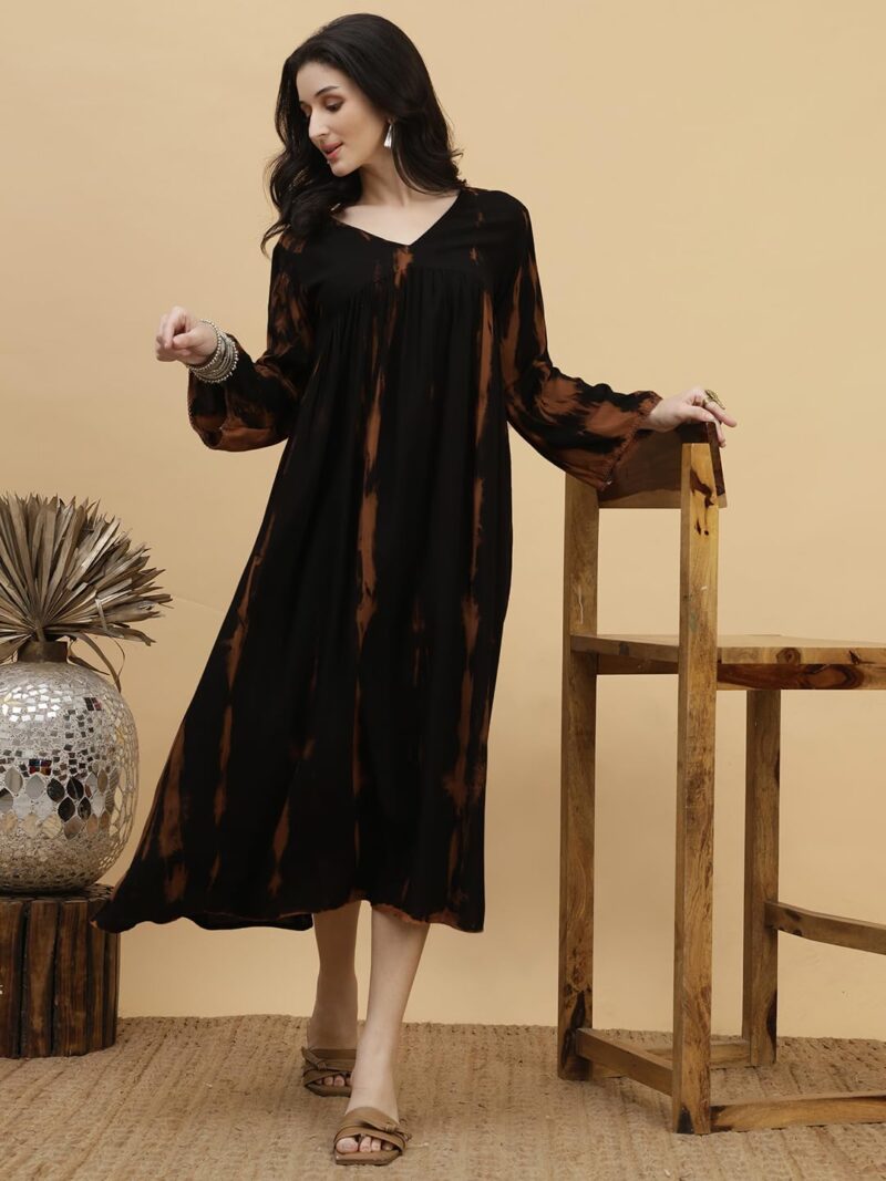 Maaesa Women Black Handcrafted Tie & Dye Rayon Staple V-Neck A-Line Dress | Casual & Office Wear | Lightweight & Breathable Fabric - Image 6