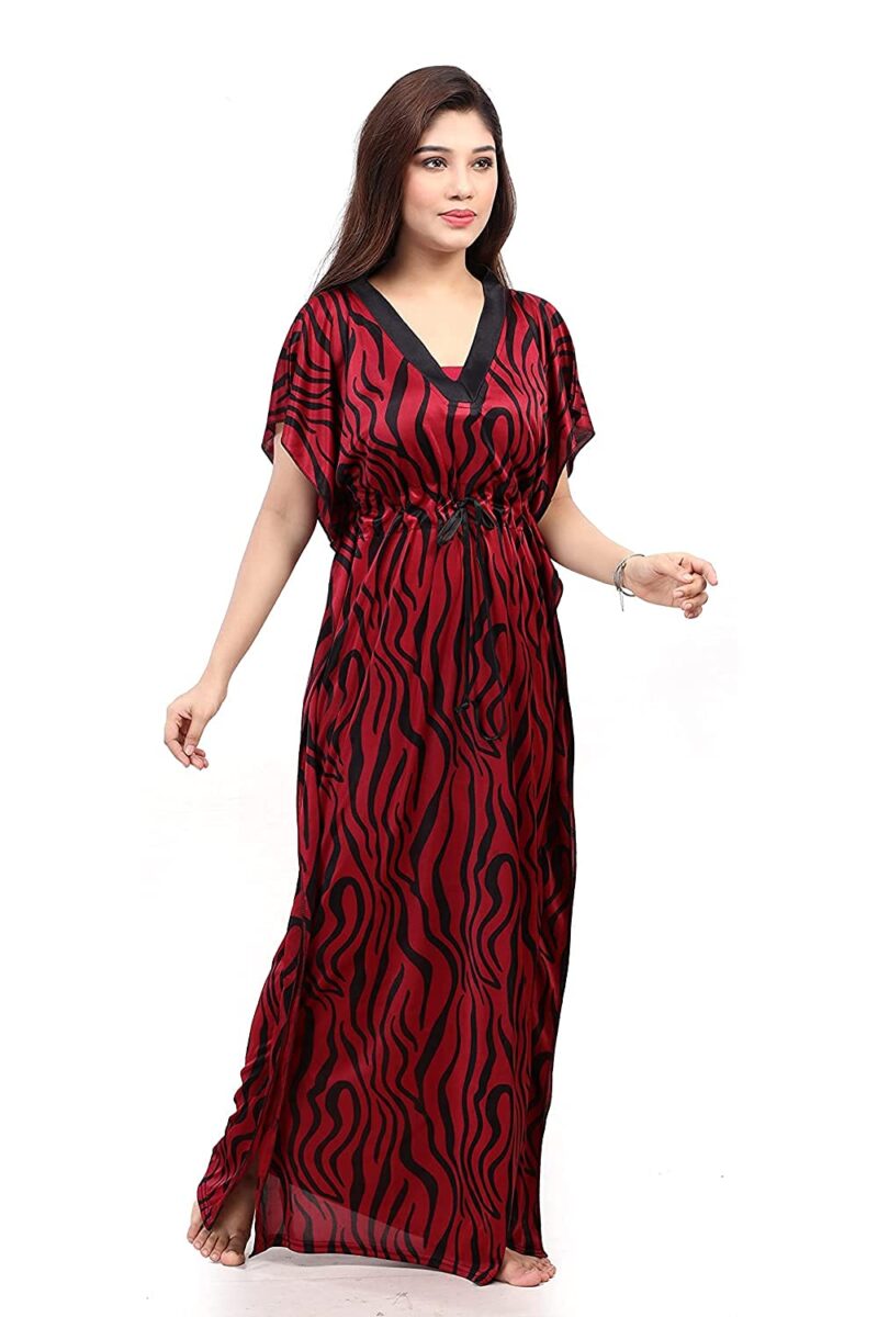 G4Girl Women's Silk Geometric Print Maxi Kaftan Night Gown (Pack of 2) (Night Gown_Maroon Grey_Free Size) - Image 4
