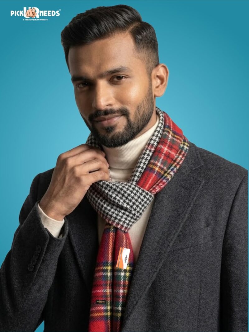 Reversible Winter Muffler for Men | Premium Soft Wool Blend Scarf | Dual-Design Check & Houndstooth Pattern | Warm & Stylish Winter Neck Wrap (Red) - Image 3